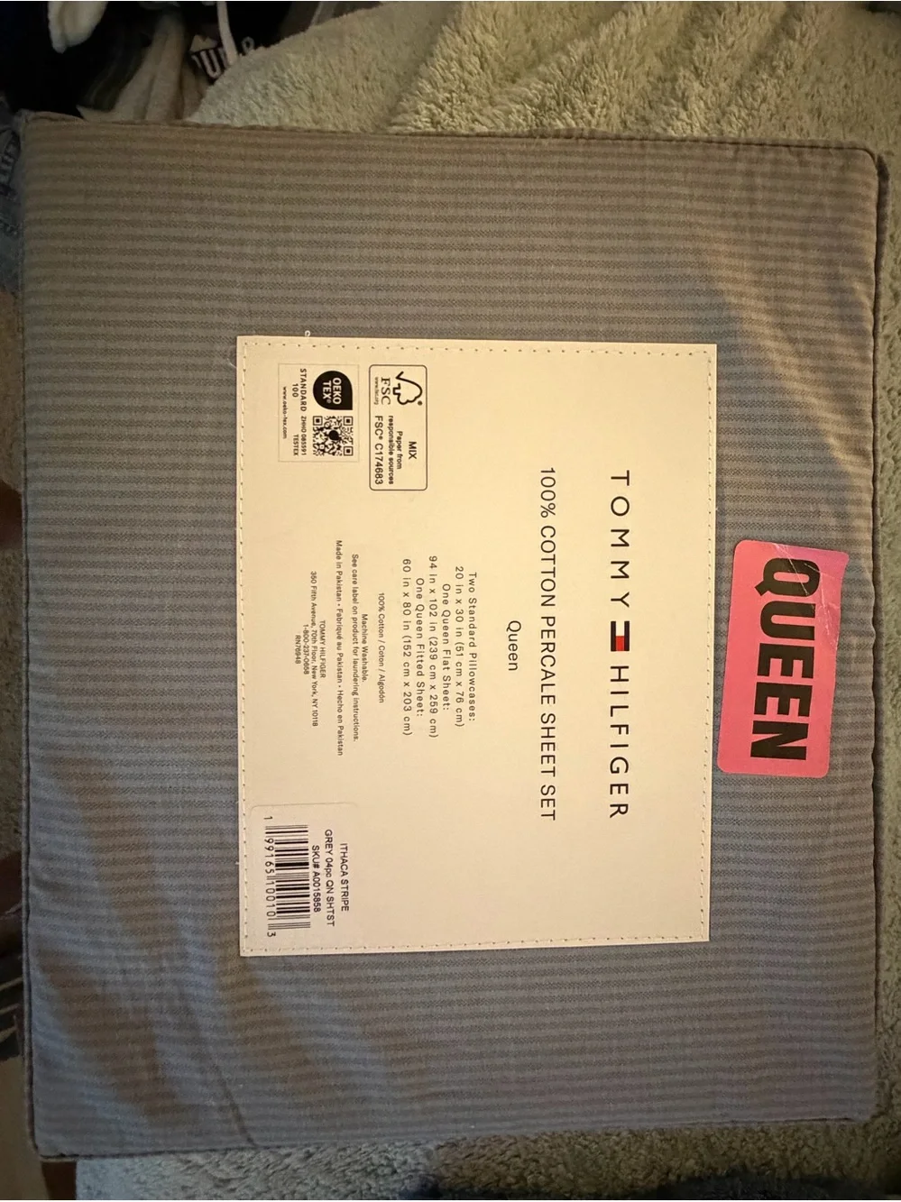 Tommy Hilfiger Gray Pinstripe Cotton Percale Queen Sheet Set